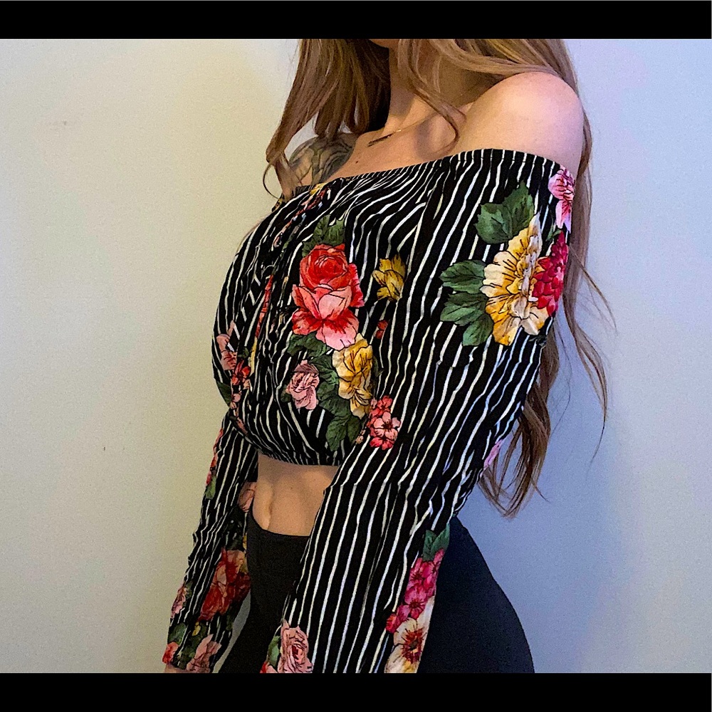 Long sleeve floral off the shoulder shirt